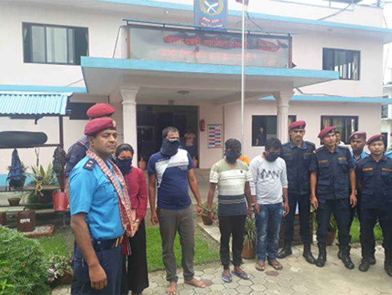 The murder suspects being made public at the District Police Office, Kaski, in Pokhara, on Wednesday, July 17, 2019. Photo: Rishi Ram Baral/THT