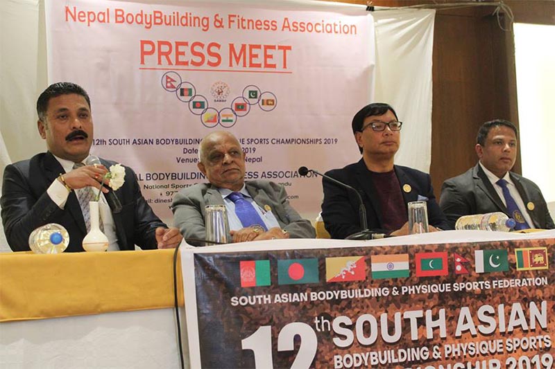 Officials of the South Asian Bodybuilding and Physique Sports Federation and Nepal Bodybuilding and Fitness Association attend a press meet in Kathmandu on Friday, July 12, 2019.