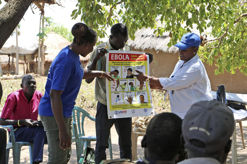 In this Tuesday February 26 2019 photo, health workers give a training presentation about how to detect and prevent the spread of Ebola, in an army barracks outside South Sudan's town of Yei. Photo: AP