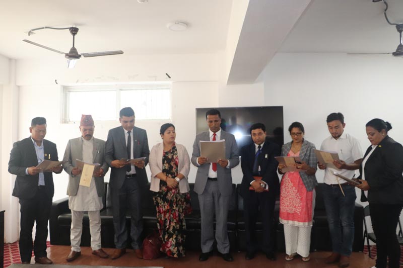 Members of the Sports Council of Province 3 take oath in an oath taking ceremony on Tuesday, July 9. Photo: Prakash Dahal/THT