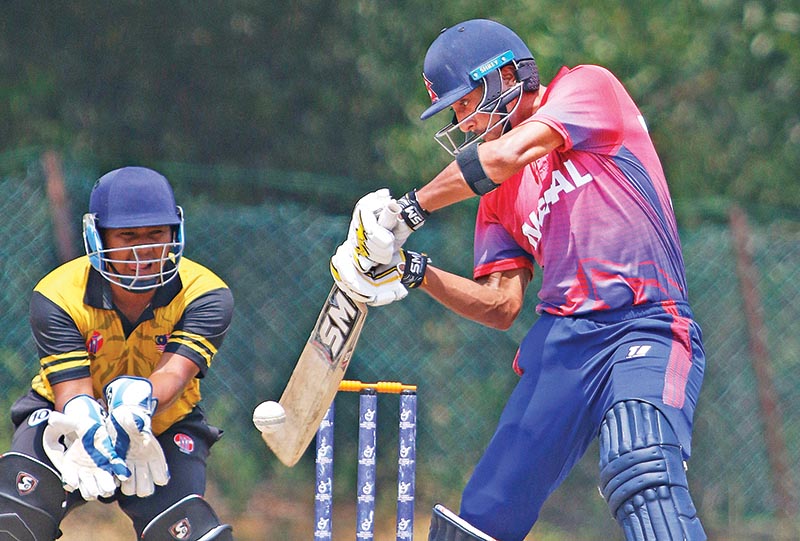Nepal skipper Paras Khadka plays a shot against Malaysia during their first Twenty20 International match at the Kinrara Oval in Kuala Lumpur on Saturday. Photo Courtesy: CricketingNepal