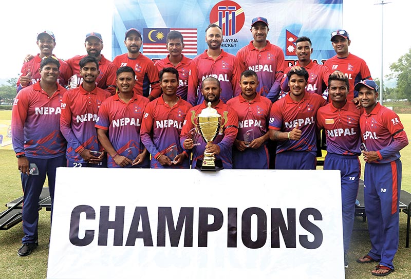 Nepal cricket team members celebrate after winning the Twenty20 International series, at the Kinrara Oval in Kuala Lumpur on Sunday. Photo Courtesy: CricketingNepalu00a0