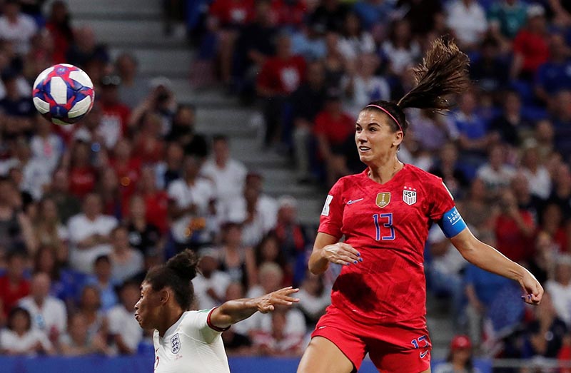 Alex Morgan of the US scores their second goal during the Women's World Cup Semi Final match between England and United States, at Groupama Stadium, in Lyon, France, on July 2, 2019. Photo: Reuters