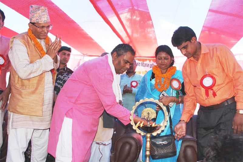Deputy Prime Minister and Minister of Health and Population Upendra Yadav inaugurating the office of Infrastructure Preparation Development Committee of Rama Raja Prasad Singh Academy of Health Sciences, in Saptari, on Wednesday, July 4, 2019. Photo: THT