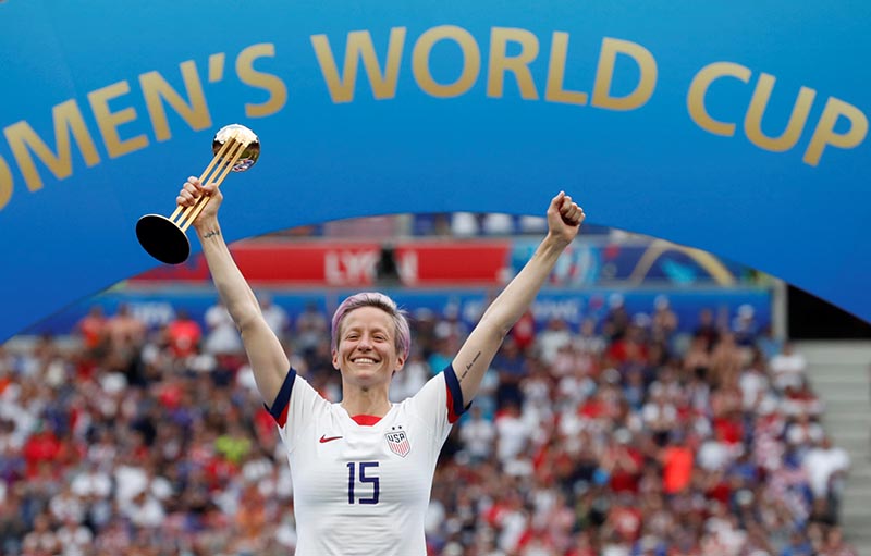Megan Rapinoe of the US celebrates winning the golden ball during the Women's World Cup Final match between United States and Netherlands, at Groupama Stadium, in Lyon, France, on July 7, 2019. Photo: Reuters