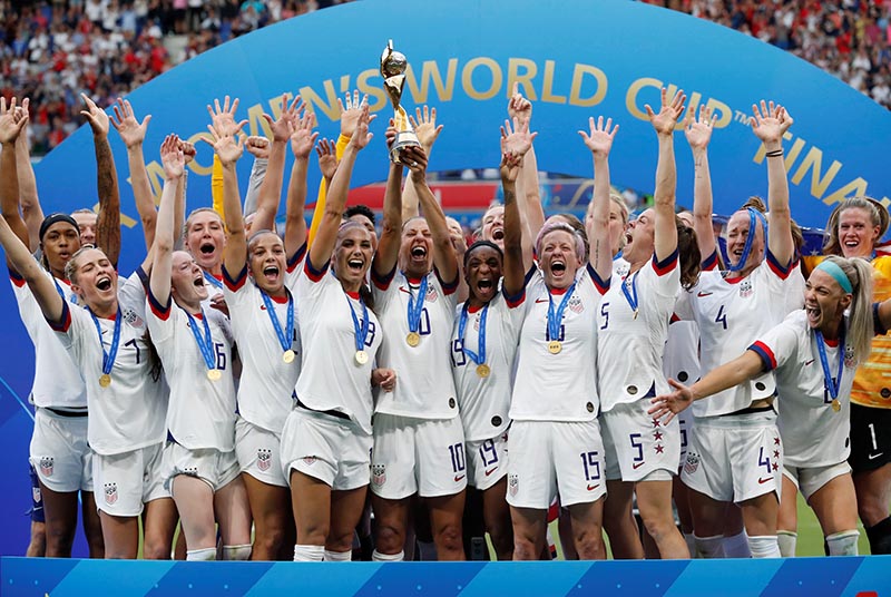 Carli Lloyd of the US and team mates celebrate winning the women's world cup with the trophy during the Women's World Cup Final between United States and Netherlands, at Groupama Stadium, in Lyon, France, at July 7, 2019. Photo: Reuters