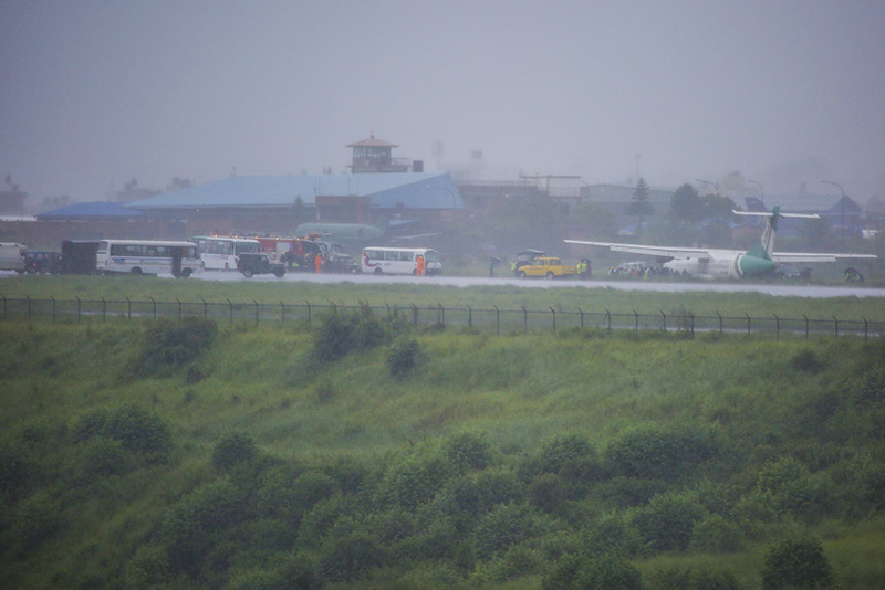 An aircraft of Yeti Airlines skidded off the runway at Tribhuvan International Airport, in Kathmandu, on Friday, July 12, 2019. Photo: Skanda Gautam/THT