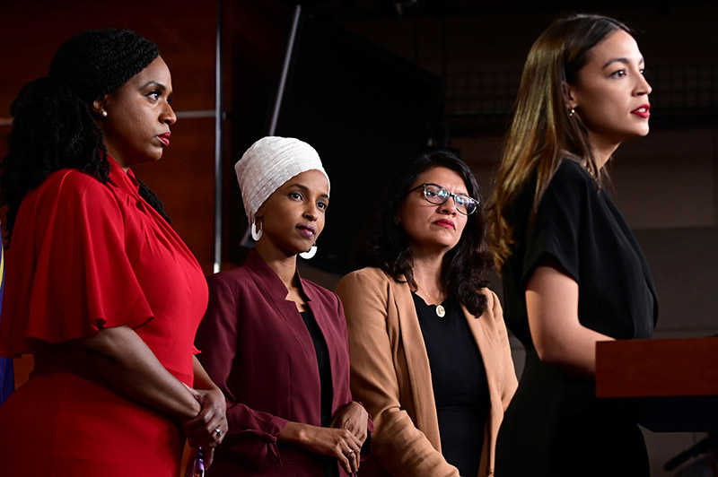 US Reps Ayanna Pressley (D-MA), Ilhan Omar (D-MN), Rashida Tlaib (D-MI) and Alexandria Ocasio-Cortez (D-NY) hold a news conference after Democrats in the US Congress moved to formally condemn President Donald Trump's attacks on the four minority congresswomen on Capitol Hill in Washington, US, on July 15, 2019. Photo: REUTERS