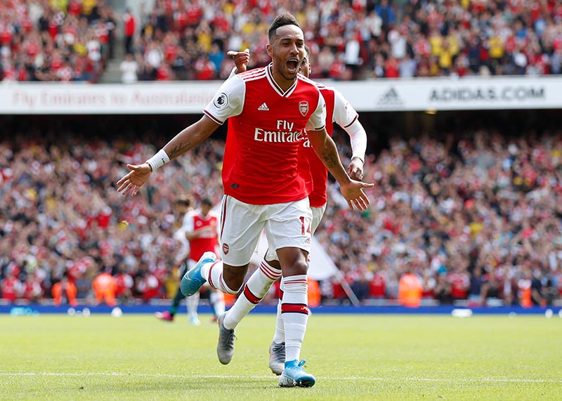Arsenal's Pierre-Emerick Aubameyang celebrates scoring their second goal during the Premier League match between Arsenal and Burnley, at  Emirates Stadium, in London, Britain, on August 17, 2019. Photo: Reuters