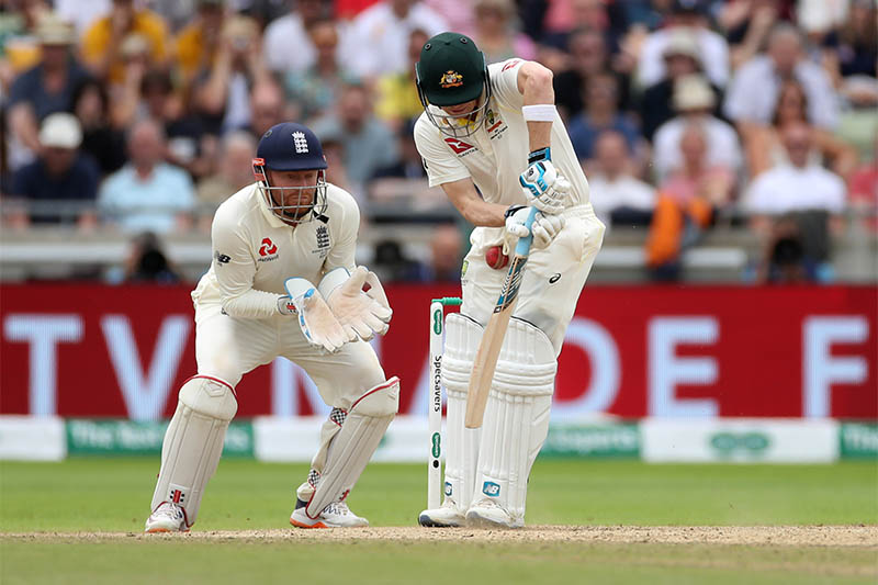 Australia's Steve Smith and England's Jonny Bairstow in action. Photo: Reuters