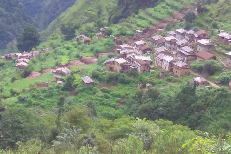 A view of the landslide that occurred in the middle of the village at Andradi in Gaumul Rural Municipality, Bajura, on Thursday, August 8, 2019. Photo: THT