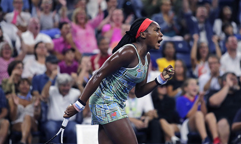 Coco Gauff, of the United States, pumps her fist after winning a point against Timea Babos, of Hungary, during the second round of the US Open tennis tournament in New York, Thursday, Aug. 29, 2019. Photo: AP
