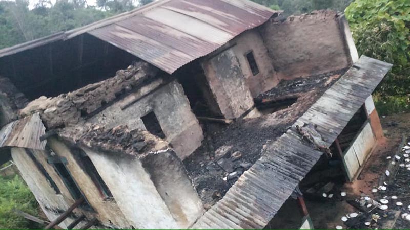 View of a house belonging to Gopal Karki, damaged by a fire, at Machung, in Arun Rural Municipality-2 of Bhojpur district, on Friday, August 23, 2019. Photo: Niroj Koirala/THT