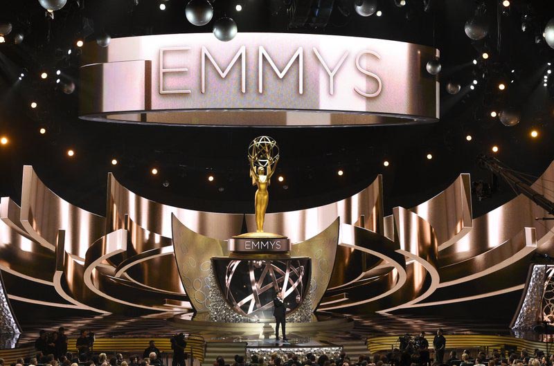 FILE - This Sept. 18, 2016 file photo shows the main stage during the 68th Primetime Emmy Awards in Los Angeles. There will be no host at the ceremony honoring TVu0092s best next month. Photo: AP