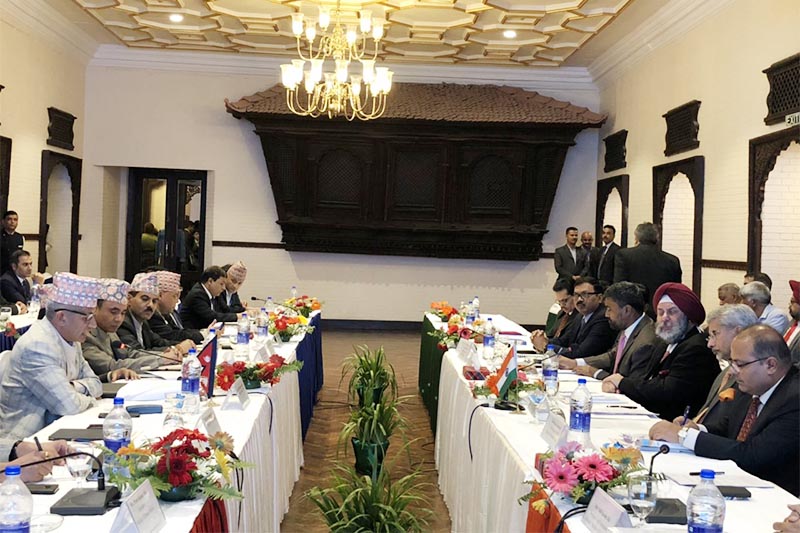 The 35-member Nepali delegation headed by Minister for Foreign Affairs Pradeep Kumar Gyawali and his Indian counterpart Subrahmanyam Jaishankar leading their  respective delegations attend the fifth Nepal-Indian Joint Commission meeting, in Kathmandu, on Wednesday, August 21, 2019. Photo Courtesy: MoFA Nepal Twitter