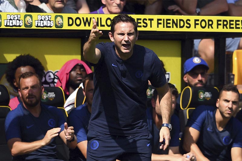 Chelsea manager Frank Lampard gestures on the touchline during the English Premier League soccer match between Norwich City and Chelsea at the Carrow Road Stadium, Norwich, England, on Saturday, August 24 2019. Photo: Joe Giddens/PA via AP