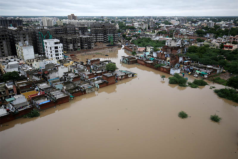 An aerial view shows a flooded residential area after heavy rains in Ahmedabad, India, August 10, 2019. Photo: Reuters