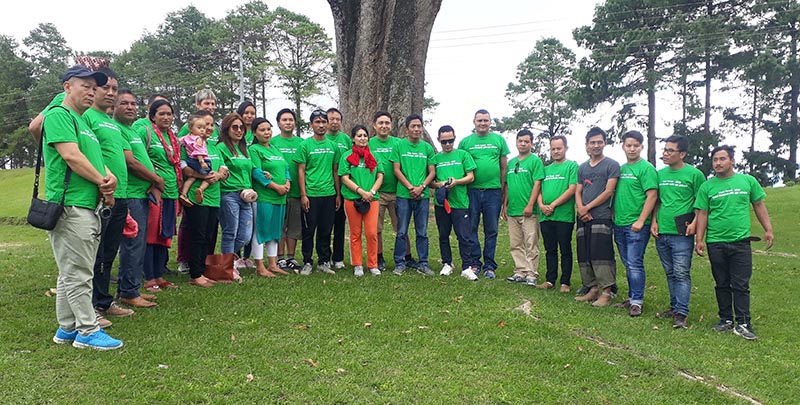 A hiking group, including member of the House of Representatives Nabina Lama (centre), posing for a group photograph at Namobuddha, Kavre, on Tuesday, August 13, 2019. The group has been hiking to promote Visit Nepal Year 2020. Photo: THT