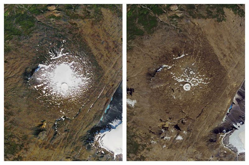 This combination of September 14, 1986, left, and August 1, 2019 photos provided by NASA shows the shrinking of the Okjokull glacier on the Ok volcano in west-central Iceland. Photo: NASA via AP