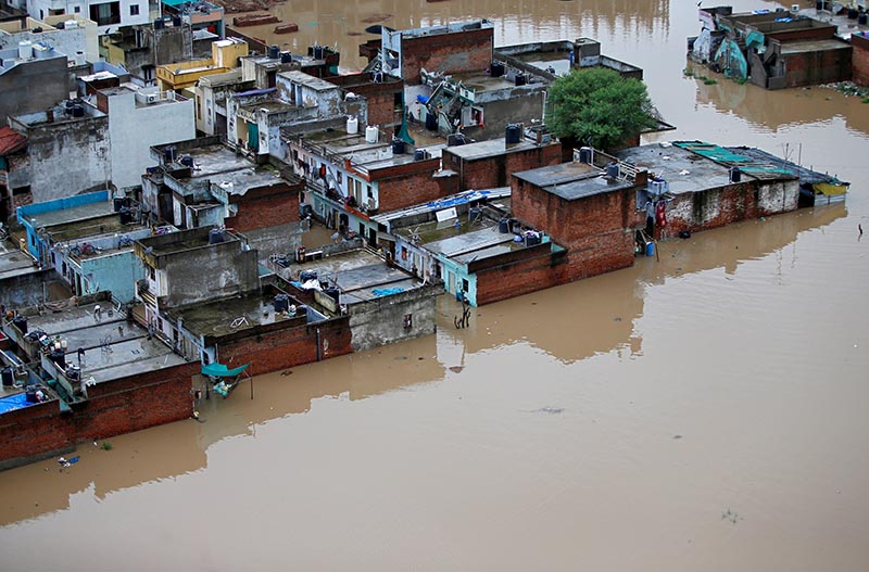 An aerial view shows a flooded residential area after heavy rains in Ahmedabad, India, August 10, 2019.  Photo: Reuters