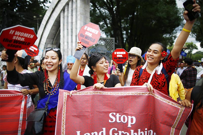 Women from Nagaland and Samoa Island taking part in a rally to mark the International Day of the World’s 
Indigenous Peoples, in Kathmandu, on Friday, August 9, 2019. Photo: Skanda Gautam/THT