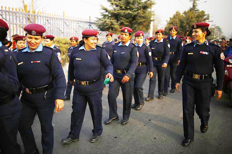 Women of Nepal Police march in a rally held to mark the 108th International Women's Day organised by the Ministry of Women, Children and Social Welfare in Kathmandu, on Thursday, March 8, 2018. Photo: Skanda Gautam/THT