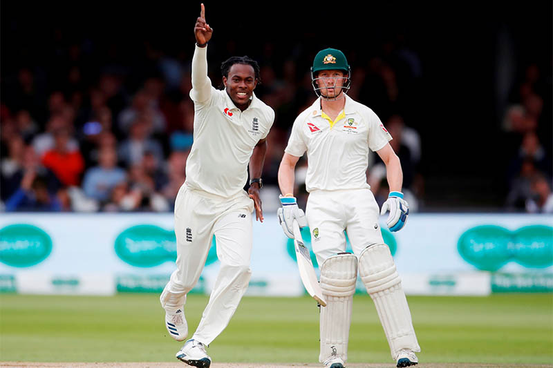 England's Jofra Archer celebrates taking the wicket of Australia's David Warner as Australia's Cameron Bancroft looks on. Photo: Reuters