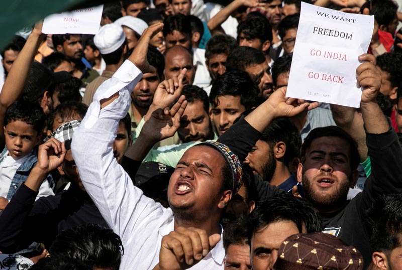 FILE: Kashmiris attend a protest after Eid-al-Adha prayers at a mosque during restrictions following the scrapping of the special constitutional status for Kashmir by the Indian government, in Srinagar, August 12, 2019. Photo: Reuters