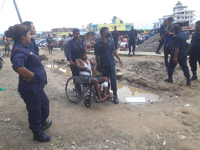 Police taking Laxman Serela, one of the Biplav-led cadres who was injured in the Dhangadhi explosion of July 18, to the District Police Office, on Monday, August 5, 2019. Photo: Tekendra Deuba/THT