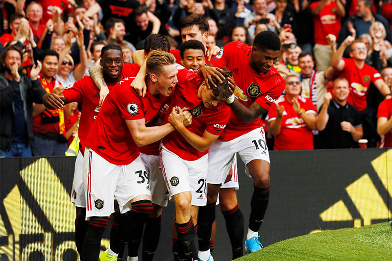 Manchester United's Daniel James celebrates scoring their fourth goal with Scott McTominay, Marcus Rashford and team mates. Photo: Reuters