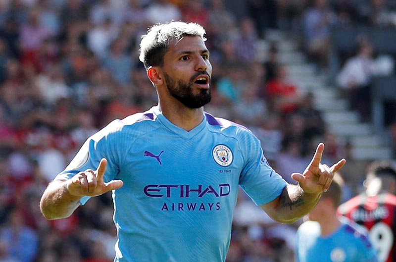 Manchester City's Sergio Aguero celebrates scoring their third goal during the Premier League match betwen AFC Bournemouth and Manchester City, at  Vitality Stadium, in Bournemouth, Britain, on August 25, 2019. Photo: Action Images via Reuters