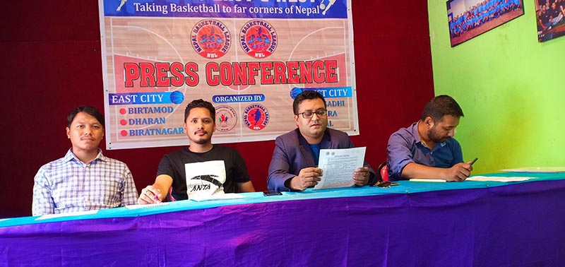 PDCN Chairman Arun Karki reads out the press release as NBL General Secretary Namit Bahadur Thapa (second from left) and other officials look on during a press meet in Kathmandu on Thursday, August 1, 2019. Photo: THT