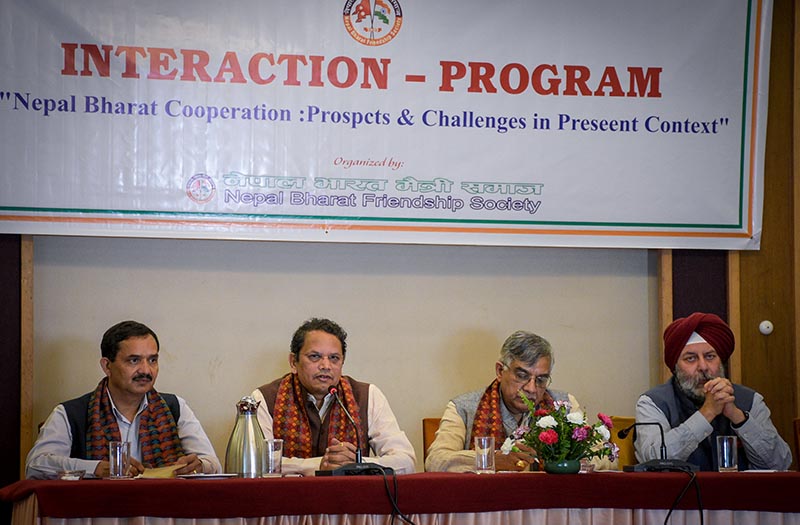 Vijay Chauthaiwale (second from left), in-charge, Foreign Affairs Department of the Bharatiya Janata nParty, attending an interaction programme on u2018Nepal Bharat Cooperation: Prospects and Challenges in Present Contextu2019, in Lalitpur, on Friday, August 2, 2019. Photo: Naresh Krishna Shrestha/THT