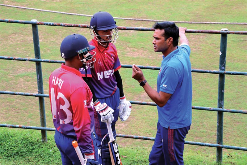 Nepal U-19 team head coach Binod Das instructs his players before a practice match against Baduraliya Cricket Club at the Surrey Cricket Ground in Colombo on Thursday, August 29, 2019. Photo Courtesy: Raman Shiwakoti