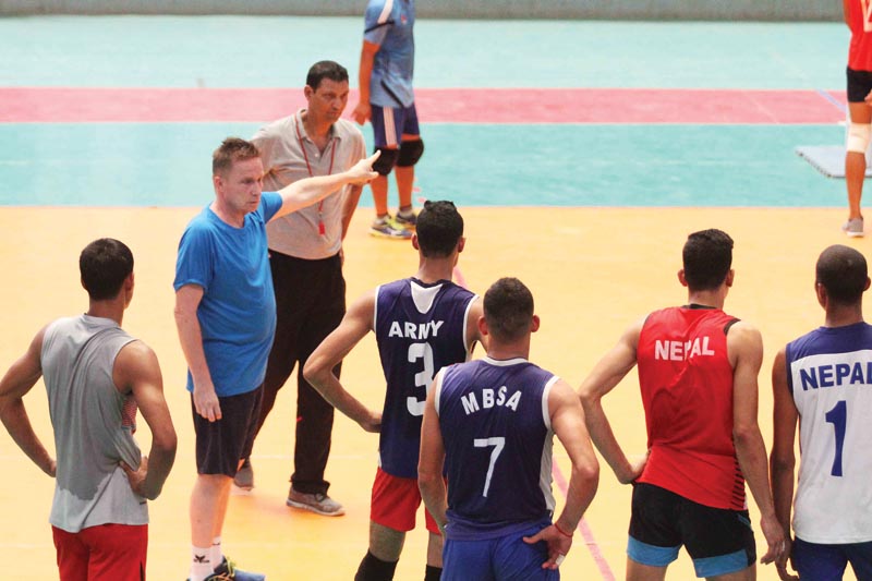 Nepal national volleyball team head coach Hann Abing instructing players during a training session. Photo: THT