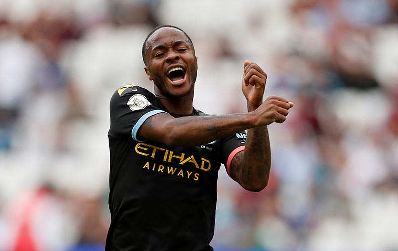 Manchester City's Raheem Sterling celebrates scoring their fifth goal and completing his hat-trick during the Premier League match between West Ham United and  Manchester City, at  London Stadium, in London, Britain, on August 10, 2019. Photo: Action Images via Reuters