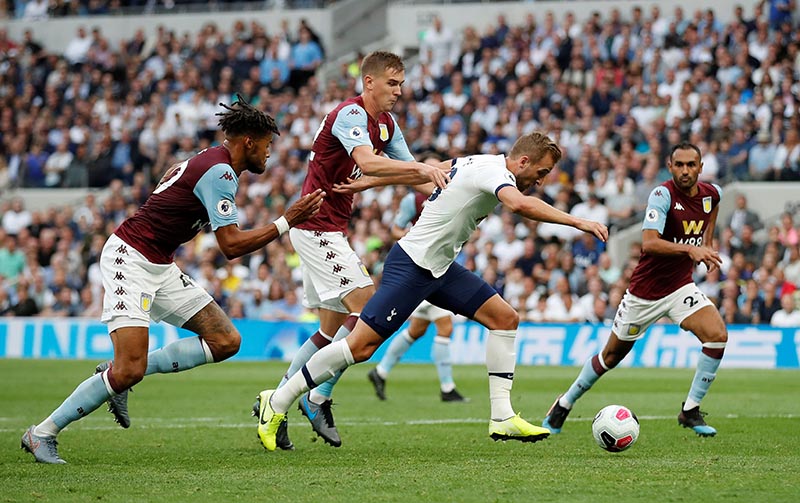 Tottenham's Harry Kane scores their second goal during the Premier League match between Tottenham Hotspur and Aston Villa, at Tottenham Hotspur Stadium, in London, Britain, on August 10, 2019. Photo:  Action Images via Reuters