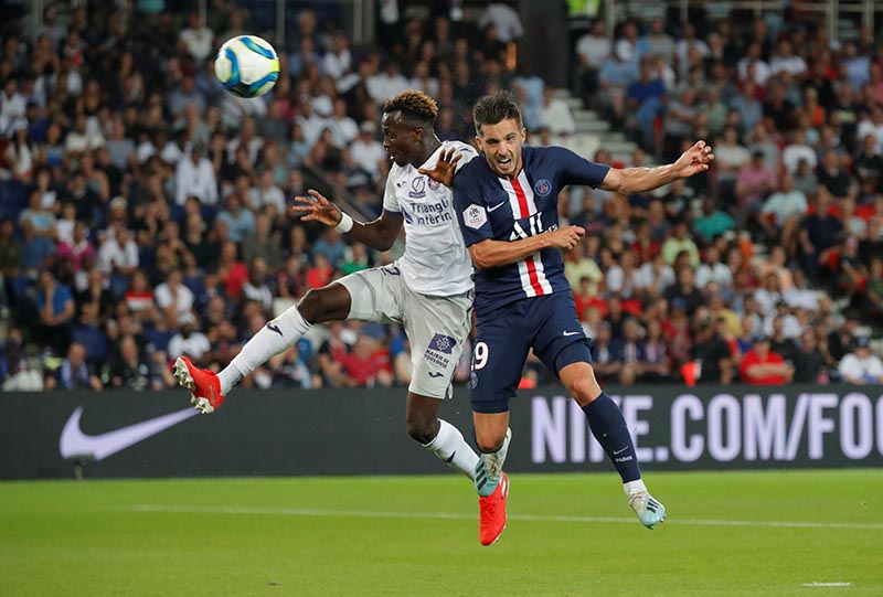 Toulouse's Issiaga Sylla in action with Paris St Germain's Pablo Sarabia during the Ligue 1 match between Paris St Germain and Toulouse, at Parc des Princes, in Paris, France, on August 25, 2019. Photo: Reuters