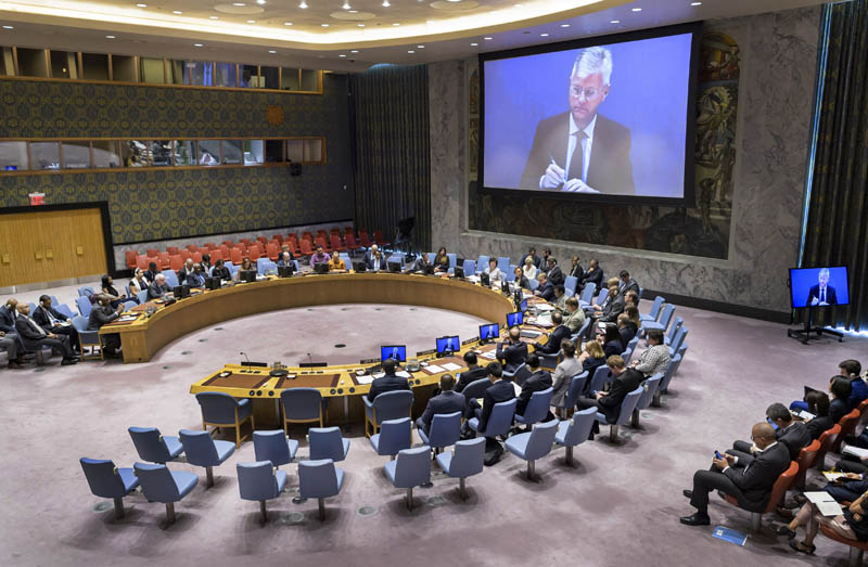Members of the United Nations Security Council discuss situations in Sudan and South Sudan during a meeting Monday, August 26, 2019, at UN headquarters as Under-Secretary-General for Peace Operations Jean-Pierre Lacroix is seen on a screen. Photo: Manuel Elias/United Nations Photo via AP
