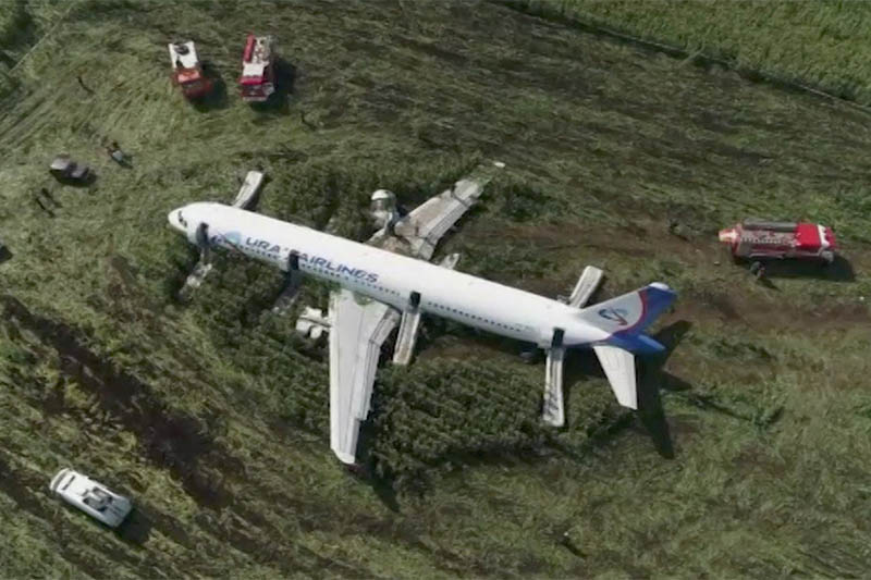 A still image, taken from a drone video footage, shows the Ural Airlines Airbus 321 passenger plane following an emergency landing in a field near Zhukovsky International Airport in Moscow Region, Russia August 15, 2019. Photo: Reuters