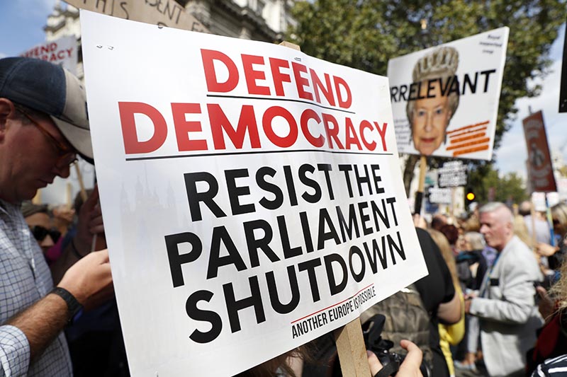 Anti Brexit protesters from 'Stop the Coup' movement demonstrate outside Downing Street in London on August 31, 2019. Photo: AP