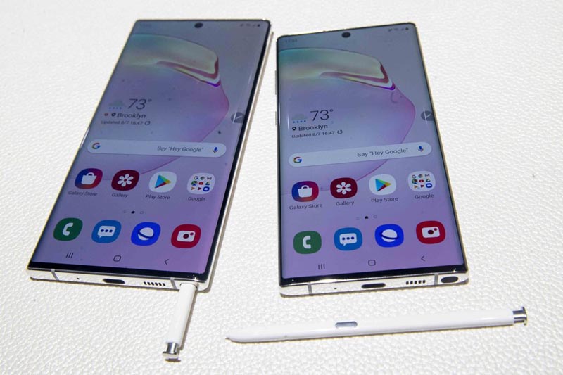FILE - This August 7, 2019 file photo shows the Samsung Galaxy Note 10, right, and the Galaxy Note 10 Plus on display during a launch event in New York. Photo: AP