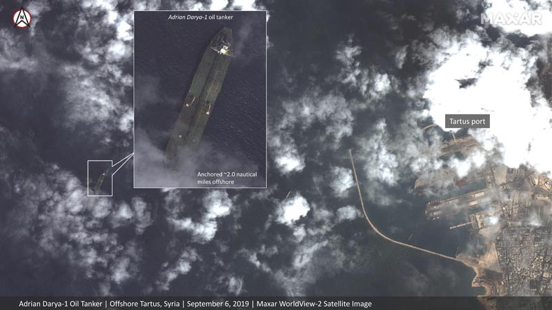 Satellite image provided by Maxar Technologies appears to show the Iranian oil tanker Adrian Darya-1 off the coast of Tartus, Syria, Friday, September 6, 2019. Satellite images obtained by The Associated Press on Saturday, September 7, 2019, appeared to show the once-detained Iranian oil tanker Adrian Darya-1 near the Syrian port, despite US efforts to seize the vessel. That's after Gibraltar earlier seized and held the tanker for weeks, later releasing it after authorities there said Iran promised the oil wouldn't go to Syria. Photo: Satellite image u00a92019 Maxar Technologies via AP