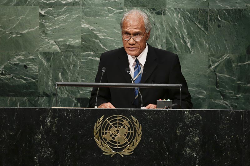 File Photo: Tongan Prime Minister 'Akilisi Pohiva addresses the 2015 Sustainable Development Summit at the United Nations headquarters in New York. Photo: AP