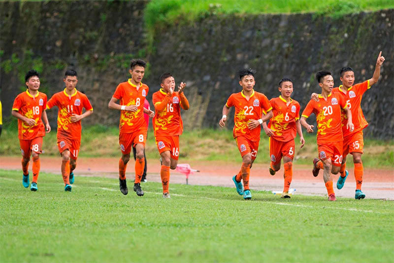Bhutan players celebrate after scoring a goal against the hosts Nepal during SAFF U-18 Championship in Kathmandu, on Sunday, September 22, 2019. Courtesy: ANFA/Facebook