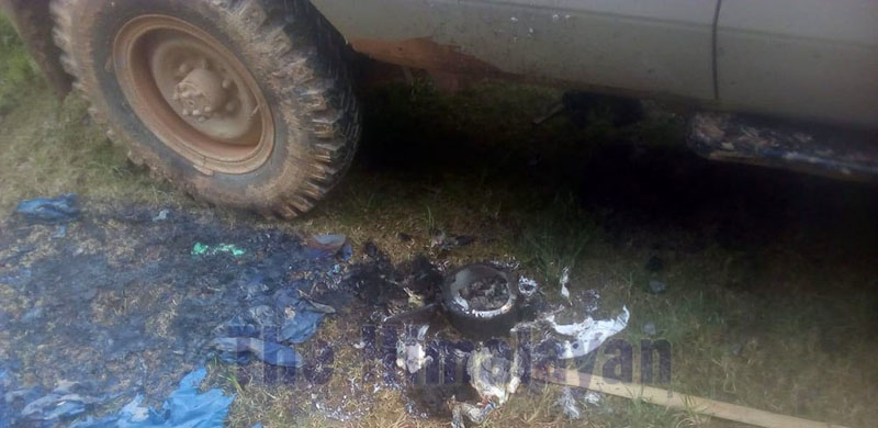 The remains of a pressure cooker bomb that exploded near a vehicle parked inside the premises of Shadananda Municipality office, in Bhojpur district, as seen on Friday, September 20, 2019. Photo: Niroj Koirala/THT