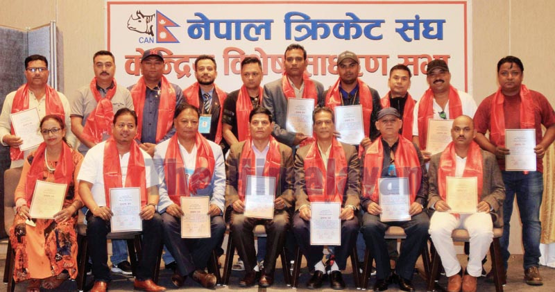 Cricket Association of Nepalu2019s newly-elected executive committee members pose for a group photo after the extraordinary elective general assembly in Kathmandu on Saturday, September 28, 2019. Photo: Udipt Singh Chhetry / THT