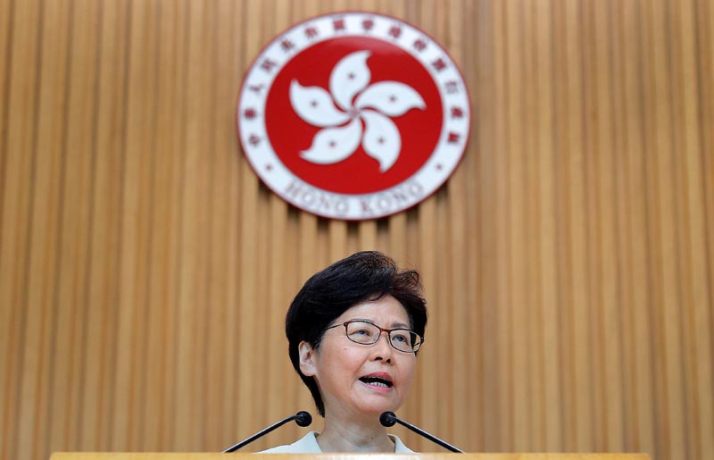 FILE: Hong Kong's Chief Executive Carrie Lam holds a news conference in Hong Kong, China, August 27, 2019. Photo: Reuters