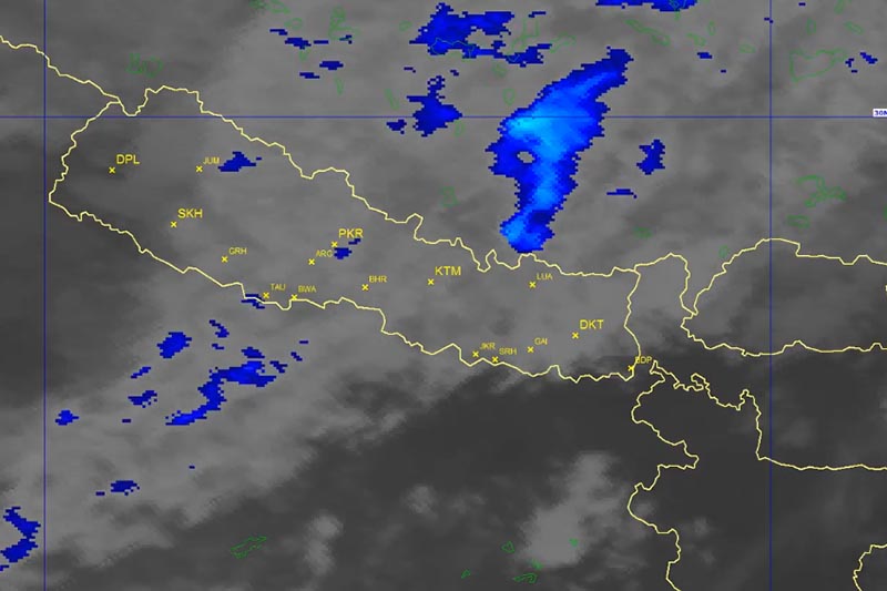 This rendering image shows clouds over Nepal. Source: MFD, DHM_Weather/Twitter