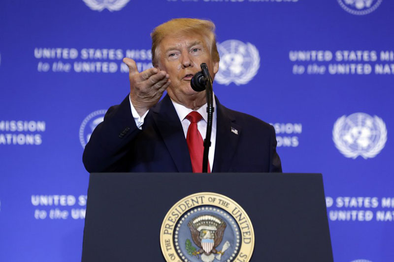 US President Donald Trump speaks during a news conference at the InterContinental Barclay New York hotel during the United Nations General Assembly, Wednesday, Sept. 25, 2019, in New York.